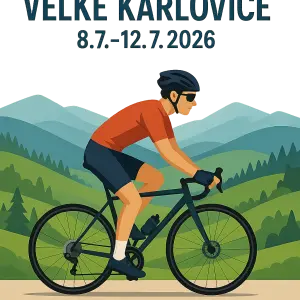 OBRÁZEK BEZ POZADÍ, OBRÁZEK KDE JE CYKLISATA NA KOLE A ZA NÍM POZADÍ HOR, KOPCE. TEXT: VELKÉ KARLOVICE, 8.7.-12.7.2026