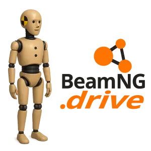 Logo hry BeamNG Drive (tři koule spojené čarou), vlevo od loga obrázek testovacího panáka z té hry.