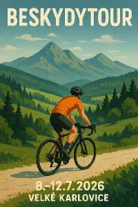 obrázek hor,před nimi cyklista na kole,nahoře nápis. BESKYDYTOUR, dole pod cyklistou text: 8.-12.7.2026, Velké Karlovice