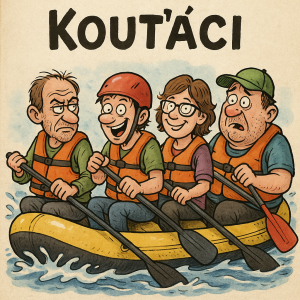 4 karikatury osob sedící na raftu a nad nimi popis Kouťáci