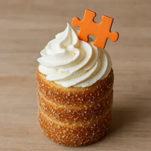 Trdelník se šlehačkou, v ní zapíchlý malý puzzle