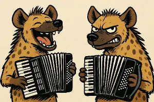 dvě hyeny hrají každá na svůj klávesový akordeon. Jedna hyena se směje, druhá hyena se šklebí. Komiksový styl.