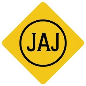 Top features a yellow diamond with a black circle inside containing the text "JAJ" in a clean, black, uppercase font