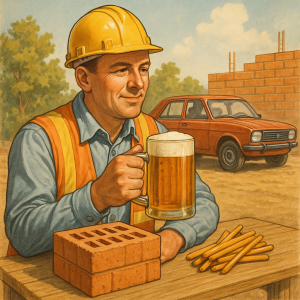 Inženýr stavitel, cihla, pivo, auto, tyčinky