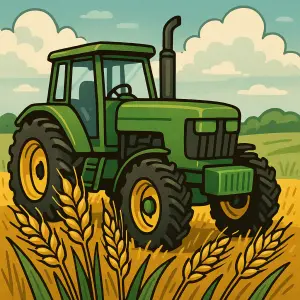 zelený kreslený traktor s pšenicí v popředí