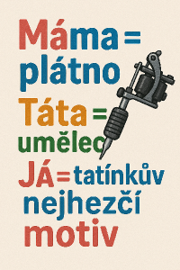 Text: Máma = plátnoTáta = umělec Já = tatínkův nejhezčí motiv na obrázek přidej tetovací jehlu střídej barvy textu