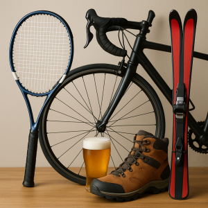 tenisová raketa, silniční kolo, turistická bota ,lyže , pivo