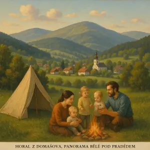 Popis: Horal z Domašova, panorama Bělé pod Pradědem, v popředí áčkový stan, oheň, máma s tátou a dvě děti 1 a 3 roky.