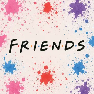 černý nápis loga z serialu Friends, okoli barevne strikance v barvach ruzove, fialove, cervene a modre