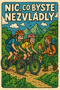 Vytvoř mi crazy motiv na kterém bude nápis nic co byste nezvládly. Budou tam cyklisti a turisti