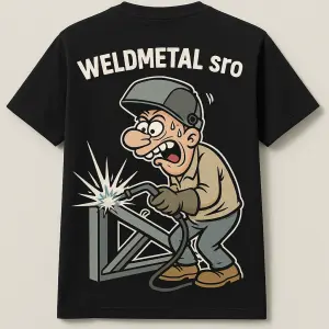 Na zádech na triku černém svářeče hodně komického svářeče jak svařuje nějakou konstrukci a nad to weldmetal sro