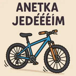 Kreslený obrázek horského kola a nápis JEDÉÉÉM a nad tím jméno ANETKA