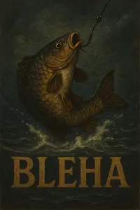 kapr na hacku, co se snazi utect, tmave pastelove barvy, pozadi se spoustou vody a dole ve vode velky napis "Bleha"