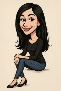 Žena jako Karikatura. Černé dlouhé vlasy a štíhlá postava, která bude sedět
