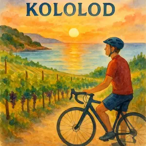 Cyklist prjisty k vinice u more v chorvatcko, sonnenuntergang, Napis "kololod´" styl akvarell