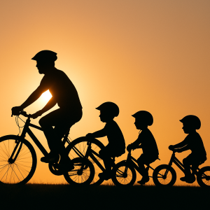silueta cyklistu, ktorého nasledujú štyria detskí cyklisti