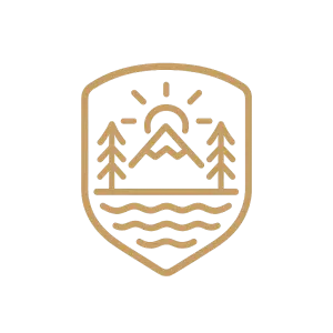 A minimalist yet stylized badge-style logo design on a solid, pure black background. The logo is a perfectly symmetrical