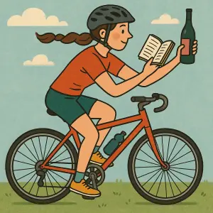 Cyklistka na kole s knihou v ruce a s lahvinkou.