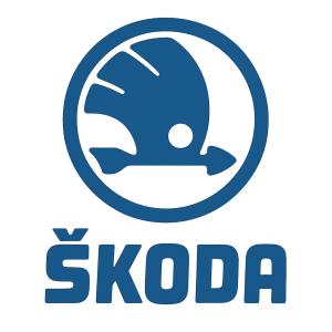 Modré logo s nápisem a znakem škoda ze sedmdesátých let