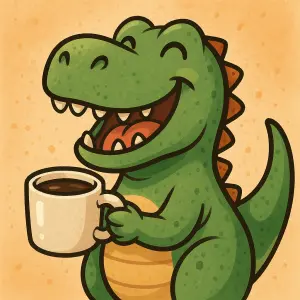 dinosaurus co pije kavu a je veselý