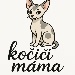Pěkným písmem černou barvou nápis kočičí máma (handwritten) a cartoon-like silueta světle kočky sphynx s šedými skvrnami