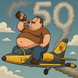 Obézní muž, sedící na letadle Albatros L39, který pije rum. Z letadla vychází kouř ze kterého se stává číslo 50