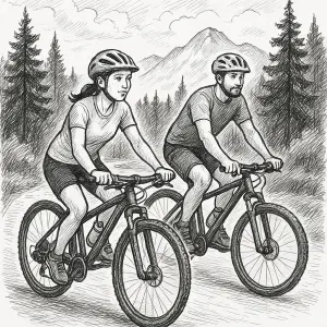 černobílá kresba, dvou cyklistů s přilbou muže a ženy jedoucích na kolech za sebou na cestě obklopené stromy a horami