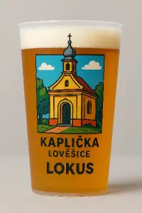 Je to kelímek na pivo s motivem Kapličky v obci Lovesice sponzorovaný spolkem Lokus