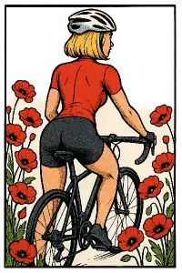 Komiks, červené vlčí máky, žena cyklistka, blond vlasy na mikádo, krásná postava, záběr zezadu, bez pozadí