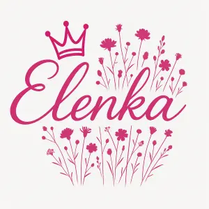 Psacím písmem Elenka, nad E bude našikmo princeznovská korunka. Za nápisem bude silueta lučních květů. Barva magenta
