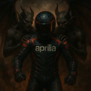 Motocyklový závodník integrální helma racing kombinéza aprilia, neohrožený, démoni s velkým křídly drže za ramena a paže