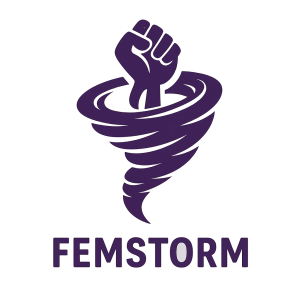 malé logo pro dívčí skupinu s názvem FemStorm vyjadřující ženskou sílu jako hurikán nebo tornádo (bez obličeje)