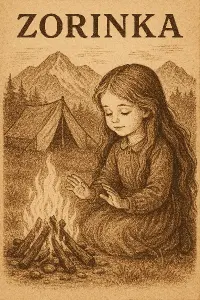 Holčička a dlouhými vlasy u táboráku, v pozadí stan a hory. Vintage styl. Text: Zorinka