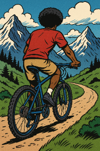 Grafika hory, komiks, cyklista běloch s černošskou parukou na kole, záběr zezadu