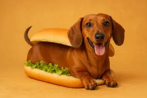 Veselý jezevčík mezi bulkami hotdogu, místo párku