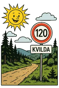 obrázek komiks se sluncem dopravní značka 120 s doplňkovou cedulí Kvilda na lesní cestě do horské krajiny bez pozadí