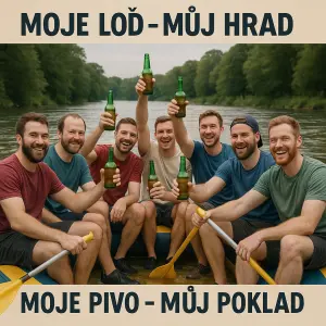 7 kluků na raftu s pivem v ruceNápis: Moje Loď - Můj Hrad..... Moje Pivo - Můj Poklad