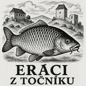 Černobílý kapr v pozadí 2 hrady Nápis Eráci z Točníku