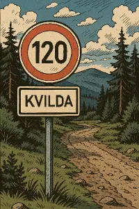 Příkazová dopravní značka 120 s doplňkovou cedulí Kvilda na lesní cestě do horské krajiny styl obrázku komiks