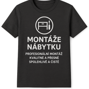 Potisk na firemni tricko - logo a k tomu text:Montaze nabytkuProfesionalni montazKvalitne a presneSpolehlive a ciste