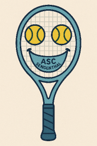 Tenisová raketa, která má jako oči tenisáky a vesmějící se puse má nápis ASC Sengenthal. Raketa má světle modrou barvu.
