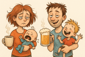 vtipný obrázek rodiny dvě děti, táta a máma unavený, káva, pivo