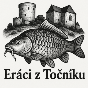 Černobílý kapr v pozadí 2 hrady Nápis Eráci z TočníkuJeden hrad válcovitý tvar