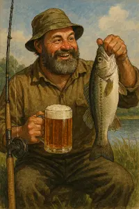 Rybář a rybou prutem a pivem