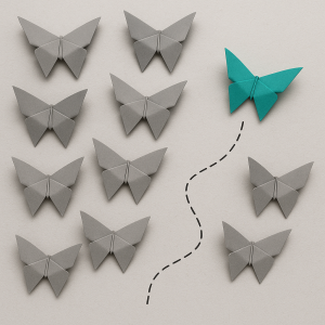 Skupina origami motýlků (šedé) letí jedním směrem. Jeden motýl teal barva letí napřed klikatá šraf čára jeho letu
