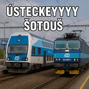 Udělej obrázek s českýma vlakama a k tomu napiš usteckeyyy šotouš