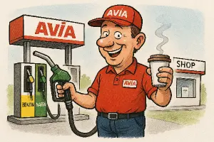 nejlepší pumpař v Evropě, specialista na benzín, naftu i kafe do kelímku, čerpací stanice avia, kreslený vtipný obrázek