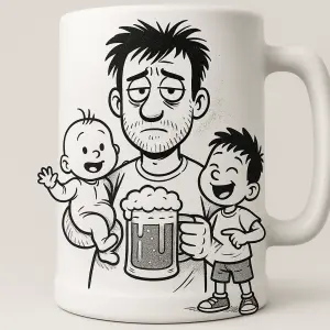Mělo ty to být o tatovy a dvou klucich. Vtipné a černobílé. Je to na krygl od piva. Jeden syn má rok druhý 4