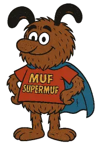 Muf s nápisem Muf SuperMuf, cartoon, bez pozadí