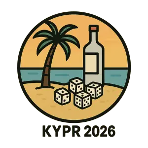 Jednoduche logo, kruh nebo ctverec.V obrazku, pláž, jedna palma, láhev vodky a šest hracích kostek. napis KYPR dole 2026